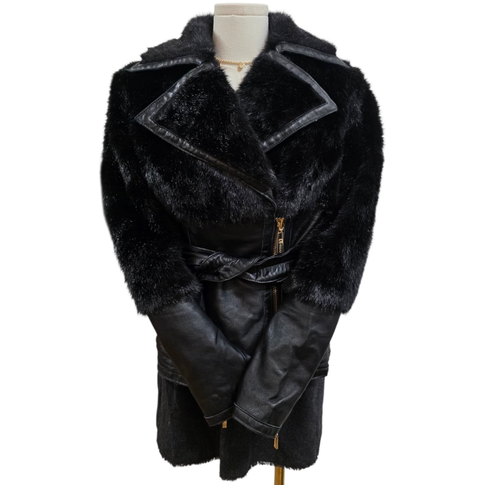GUESS by Marciano leather vintage faux fur belted coat - Picture 2 of 10